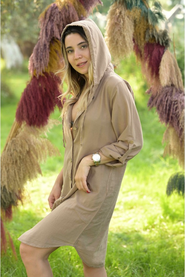 ŞULE KAPÜŞONLU  ELBİSE - TOPRAK RENGİ